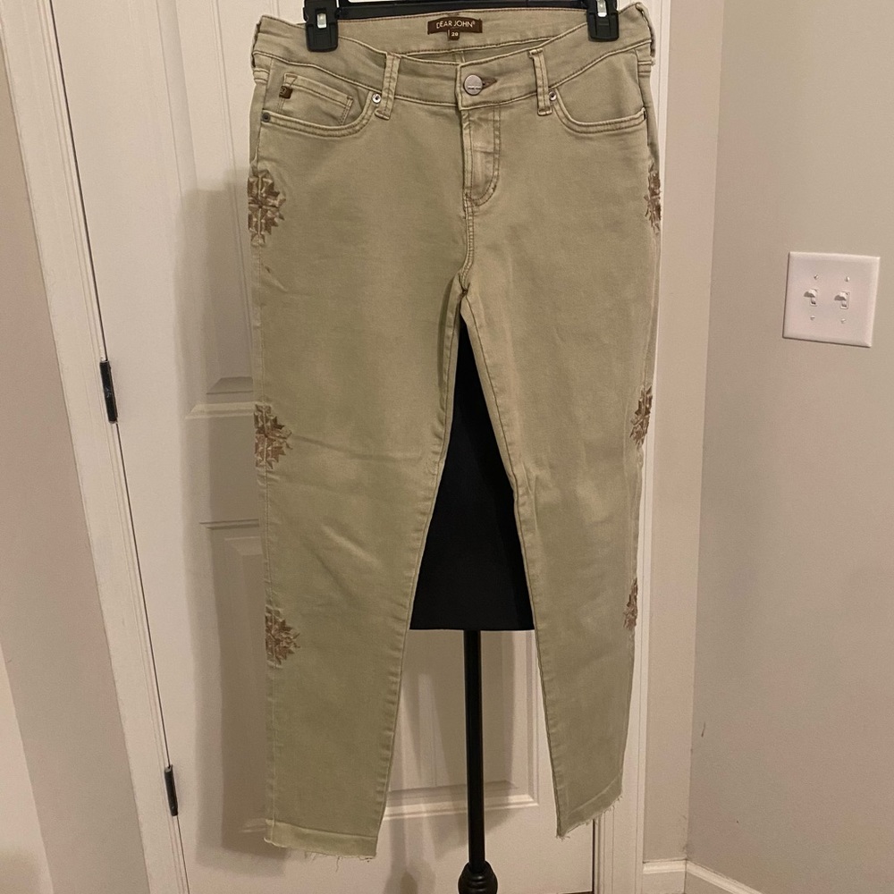 Dear John Khaki Embroidered Cropped Jeans. Size 28